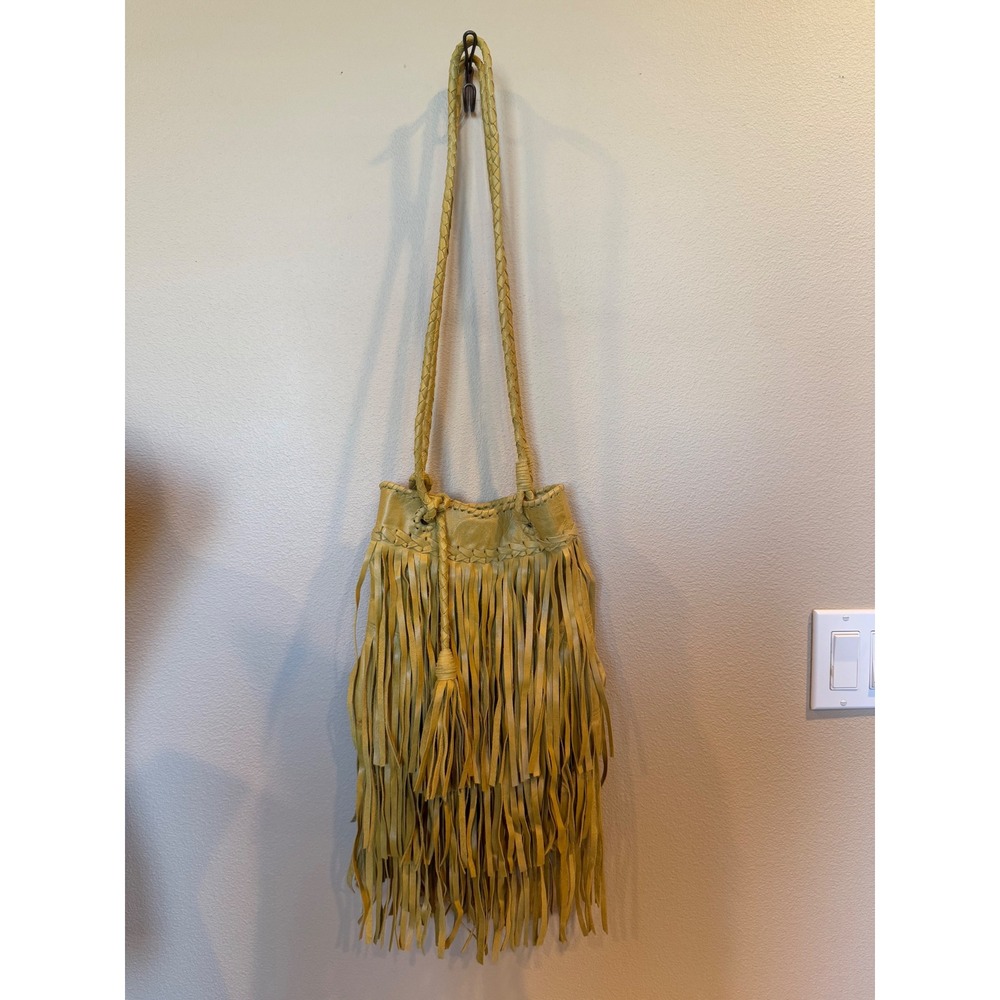 Handmade, Genuine Leather Fringe Bucket Bag Yellow Boho Braided Strap Handbag